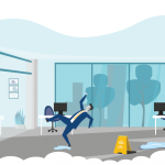 graphic of a person slipping in an office to show when companies need commercial general liability insurance