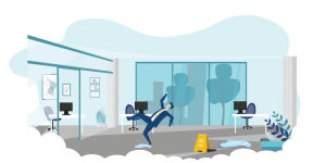 graphic of a person slipping in an office to show when companies need commercial general liability insurance