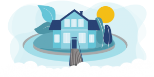 Graphic of a home protected by a moat to represent insurance coverage