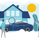 Graphic of people looking for auto insurance discounts