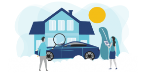 Graphic of people looking for auto insurance discounts