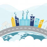 Sustainable Risk Management for Net Zero Buildings Graphic representing a cityscape with net zero buildings