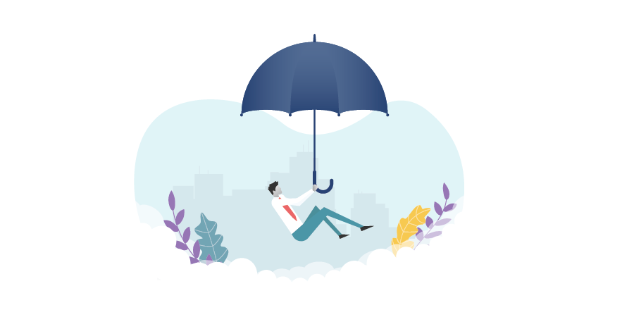 A professional floating in air with an umbrella